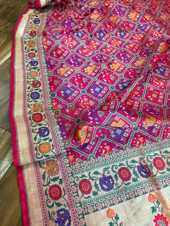 Rani Pink Pure Katan Silk Banarasi Patola Saree| Paithani Border And Palla|