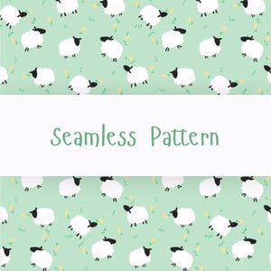 May include: A seamless pattern featuring white sheep with black faces and legs scattered across a light green background. Small yellow flowers and green grass accents are also present. The text "Seamless Pattern" is displayed in green.