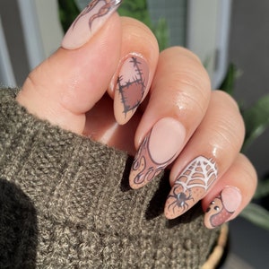 Spider Web Nails Scare Crow Nails Flame Nails Comic Style Halloween Press On Nail Set in Matte Finish