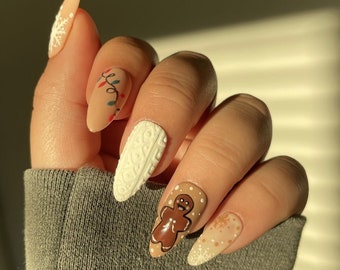Christmas Gingerbread Man Lights and Snow Flake Holiday Press On Nail Set