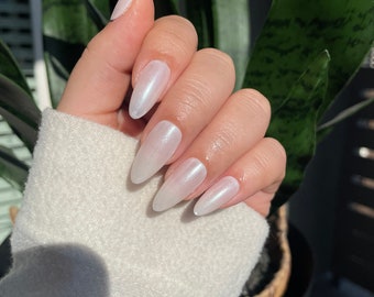 Hailey Bieber Inspired Chrome Pearl Nails ,pearl White Almond Nails/  Argylefake Nails/ Handmade Press on Nails/faux Acrylic Nails/ 