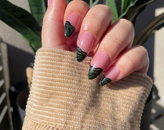 Wavy Black and Green French Tip Press On Nails