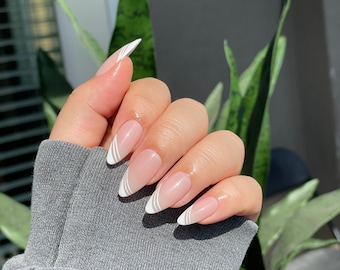 White Slanted French Nails Press On Nail | French Tip Nails | White Tip Fake Nails | Skinny French