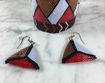 Geometric Pyramid Peyote Stitch Cuff Bracelet-Handwoven Seed Bead Bracelet in Earthy Tones-Bold Boho Jewelry