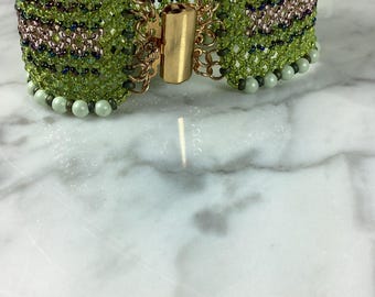 Handmade Chenille Stitch Beaded Bracelet: Green, Blue & Gold