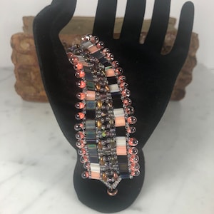 Tila Beaded Bracelet: Peach Black Patchwork Design
