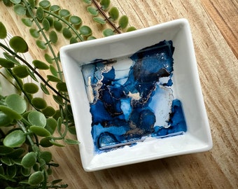 Blue ceramic ring dish, alcohol ink art, jewelry tray, ring holder, gift for her, decorative tray for dresser, home decor