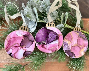 Pink ornaments, Christmas tree ornament, alcohol ink art, holiday home decor, ornament set