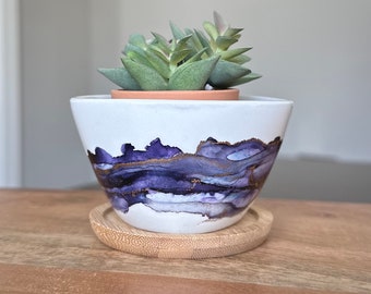 Purple ceramic planter, mini succulent pot, plant pot with drainage, gift for plant lovers, cute planter, alcohol ink art