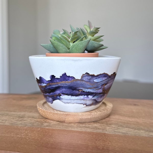 Purple ceramic planter, mini succulent pot, plant pot with drainage, gift for plant lovers, cute planter, alcohol ink art