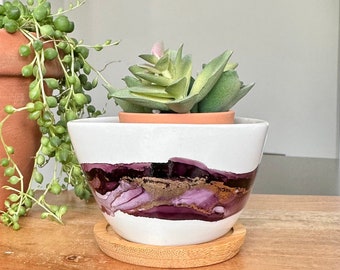 Ceramic planter for succulent, plant pot with drainage, gift for plant lovers, cute planter, alcohol ink art, mini succulent pot
