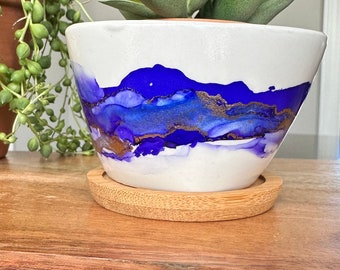 Purple ceramic planter for succulent, plant pot with drainage, gift for plant lovers, cute planter, alcohol ink art, plant pot