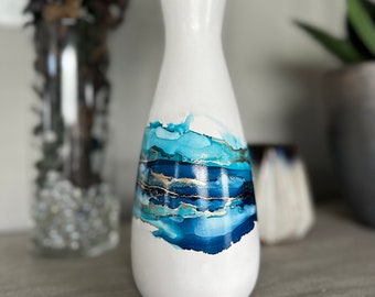 Blue ceramic vase, vase for dried flowers, decorative vase, hand painted, modern home decor, beach house, alcohol ink art