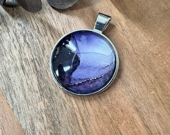 Purple circle pendant, alcohol ink painting necklace, Christmas gift for her, handmade pendant, jewelry, unique holiday gifts