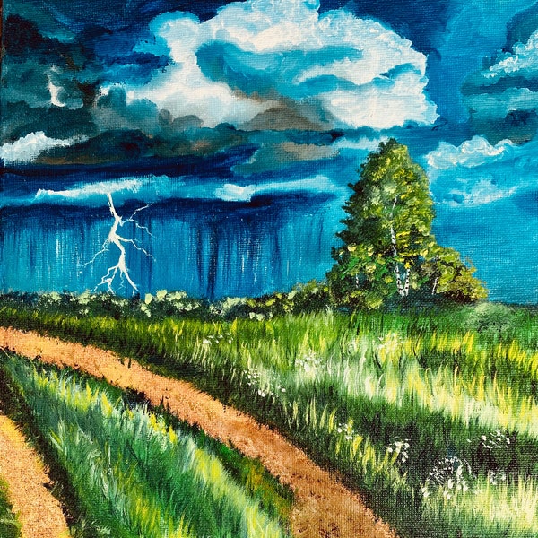 Landscape Thunder Original Oil Painting - Nature-inspired Art on Canvas One-of-a-Kind Landscape Nature Art - Original Thunder