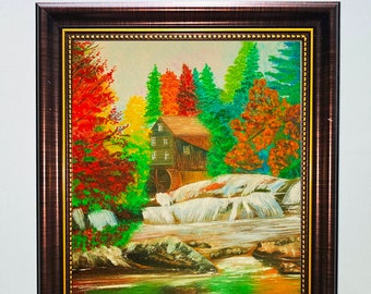 Original Oil Painting: Autumn Water Mill Landscape Art (12x16)