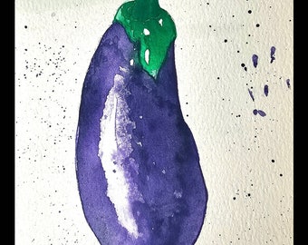 Eggplant  Painting Original Watercolor Painting, Vegetable Painting Realistic Watercolor, Kitchen Wall Art Handmade Watercolor Food Art