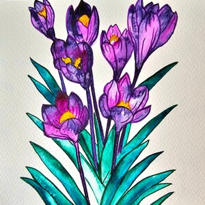Original Crocus Watercolor Painting: Purple Flower Wall Art (8x8)