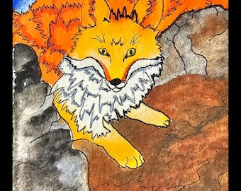 Red fox painting  Watercolor - Original portrait of a majestic fox in the wild Wildlife painting Portrait of a fox