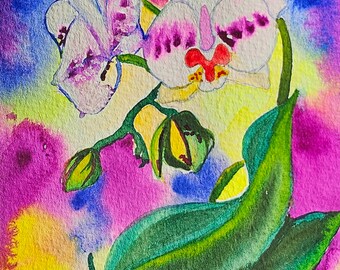 Elegante Blumenkunst: Original handgemalte Aquarell Orchideen mit Tigerorchidee und weißen Blumen Motiven