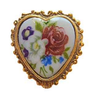 Vintage Heart Pin Gold Tone with Floral Design - 1960s-1970s**