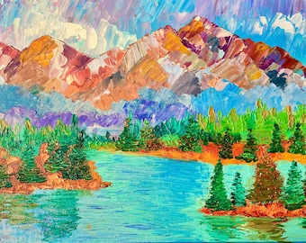 Peinture à l'huile sur le lac Tahoe : montagnes majestueuses et sapins - Idée cadeau art paysage californien