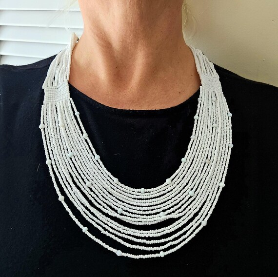 Multi-Strand White Beaded Statement Necklace - image 1
