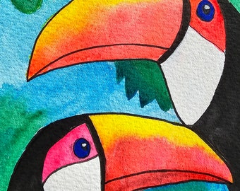 Toucan Bird Painting with Tropical Plants - Original watercolor Art by USA Seller