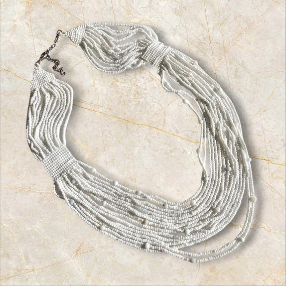 Multi-Strand White Beaded Statement Necklace - image 6