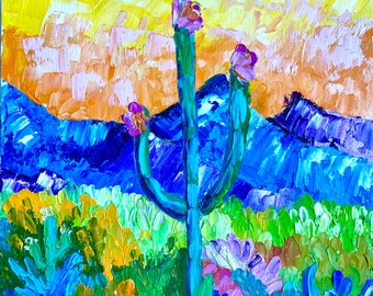 Impasto Saguaro Cactus Oil Painting: Arizona Desert Landscape Art