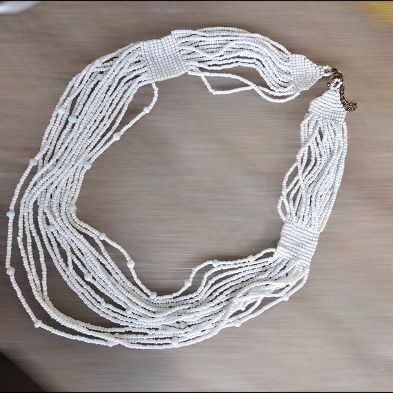 Multi-Strand White Beaded Statement Necklace - image 4