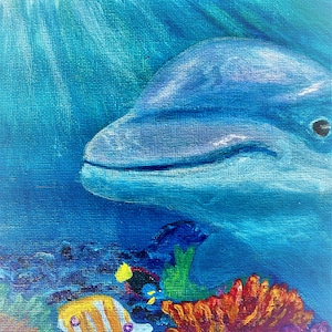 Dolphin Painting - Original Artwork of an Underwater Dolphin, 6 x 8 Animal Wall Art