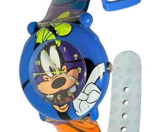 Relógio vintage Disney Pateta, azul, de plástico, quartzo, retrô, anos 90, filme de animação.