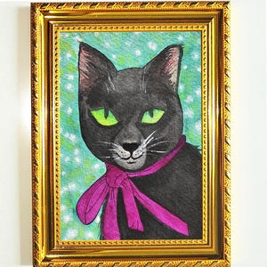 Black Cat Watercolor Painting: Original Animal Portrait Art (5x7 in)
