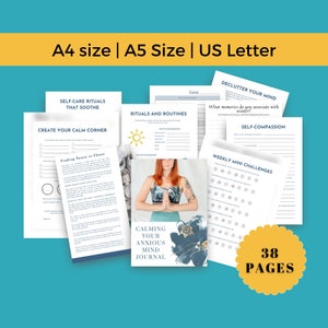 May include: A printable journal with 38 pages to help calm anxious thoughts. The journal includes prompts for self-care rituals, creating a calm corner, decluttering your mind, and weekly mini challenges. The cover features a watercolour design with a woman meditating.