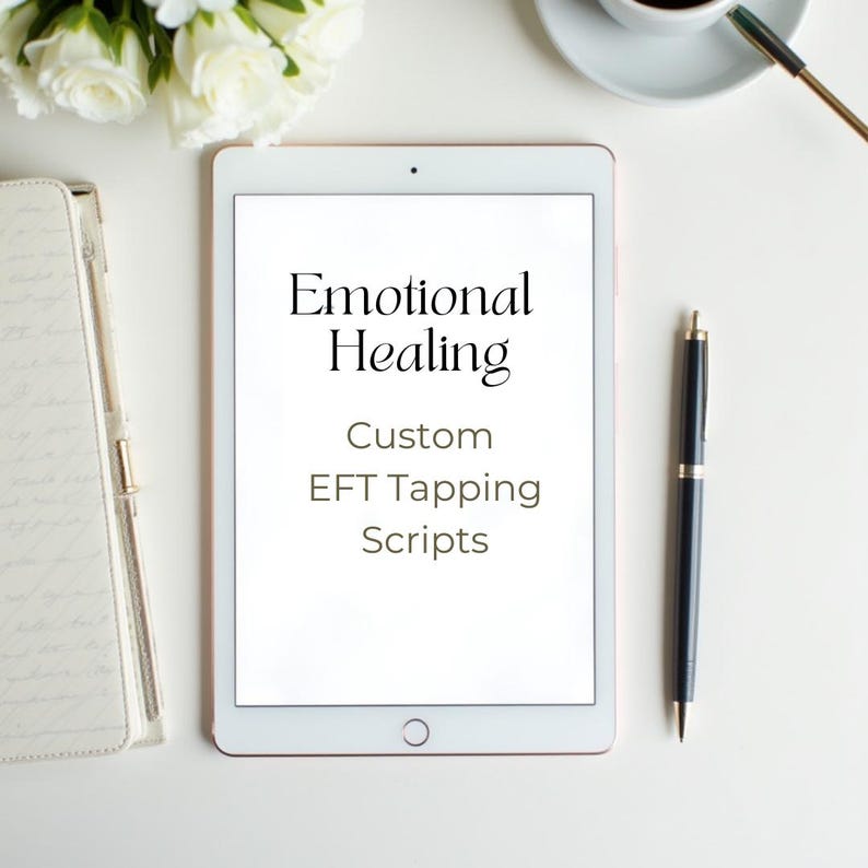 May include: A digital tablet displays the words "Emotional Healing, Custom EFT Tapping Scripts" in black text. A black pen with gold accents rests beside the tablet. A white notebook and a cup of coffee with a gold spoon are also visible.