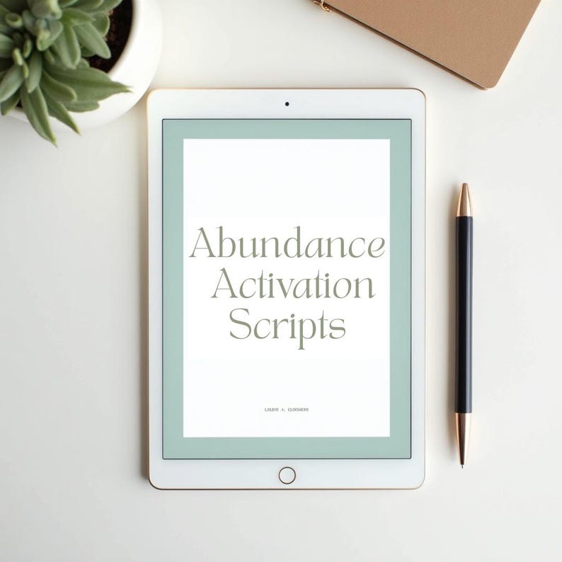May include: A white tablet shows the words "Abundance Activation Scripts". A black and gold pen lies next to the tablet. A small succulent plant in a white pot is in the upper left corner of the image.