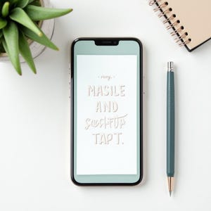 May include: A smartphone with a white screen displaying the words "Masile and Successful Tapt" in a handwritten font. A green pen and a spiral notebook are next to the phone. A potted succulent plant is in the upper left corner.