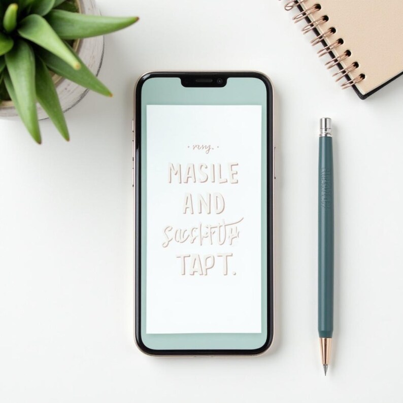 May include: A smartphone with a white screen displaying the words "Masile and Successful Tapt" in a handwritten font. A green pen and a spiral notebook are next to the phone. A potted succulent plant is in the upper left corner.