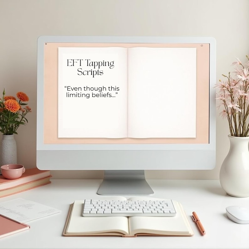 Może przedstawiać: Ekran komputera wyświetla otwartą książkę z tekstem "EFT Tapping Scripts" i cytatem. Na biurku znajdują się klawiatura, mysz i otwarty notatnik. Dekoracyjne kwiaty i długopis dopełniają aranżację.