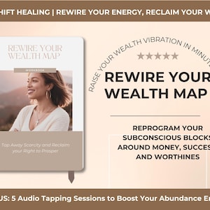 May include: A book titled "Rewire Your Wealth Map" with a woman's photo on the cover. The title is also displayed in large text, with the phrase "Raise Your Wealth Vibration in Minutes a Day." The book's aim is to reprogram subconscious blocks around money.