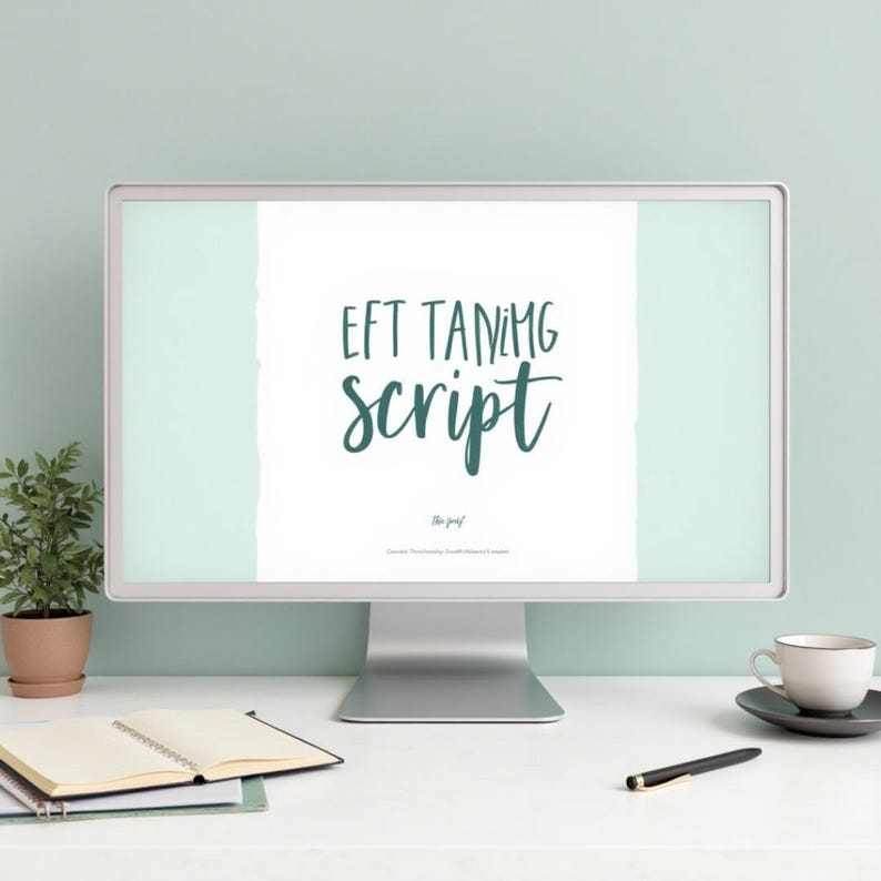 May include: A computer screen shows the text "EFT Taming Script" in teal script. A small potted plant, a notebook, a pen, and a teacup and saucer are on the desk in front of the screen.