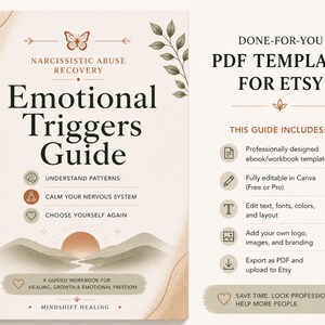 Può includere: Una copertina di libro intitolata "Emotional Triggers Guide" con il sottotitolo "Narcissistic Abuse Recovery". La copertina presenta un paesaggio ad acquerello, una farfalla e illustrazioni botaniche. La guida include un modello di quaderno per Etsy.