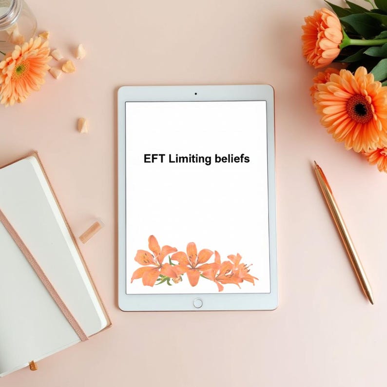 Może przedstawiać: Biały tablet wyświetla tekst "EFT Limiting beliefs" na białym tle, z pomarańczowymi ilustracjami kwiat&oacute;w na dole. Złoty długopis spoczywa po prawej stronie, a biały notatnik po lewej. Pomarańczowe kwiaty i płatki są rozrzucone.
