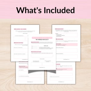 K&ouml;nnte beinhalten: Eine Ansammlung wei&szlig;er Arbeitsbl&auml;tter mit rosa Akzenten und dem Text "We Need a Resolution Worksheet". Die Arbeitsbl&auml;tter enthalten Ausf&uuml;llbereiche und Aufforderungen zur Kommunikation und Probleml&ouml;sung in Beziehungen. Der Titel "What's Included" steht oben.