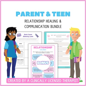 May include: A Parent & Teen Relationship Healing & Communication Bundle featuring worksheets titled Back Down Memory Lane, My Relationship Needs, and Relationship Challenges with a Bonus circle, created by a clinically licensed therapist.