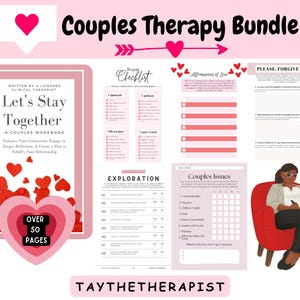 K&ouml;nnte beinhalten: Ein rosa-wei&szlig;es Paartherapie-Bundle mit dem Text "Couples Therapy Bundle". Das Bundle enth&auml;lt ein Arbeitsbuch mit dem Titel "Let's Stay Together" und mehrere Arbeitsbl&auml;tter. Das Bild zeigt auch eine Karikatur eines Therapeuten.