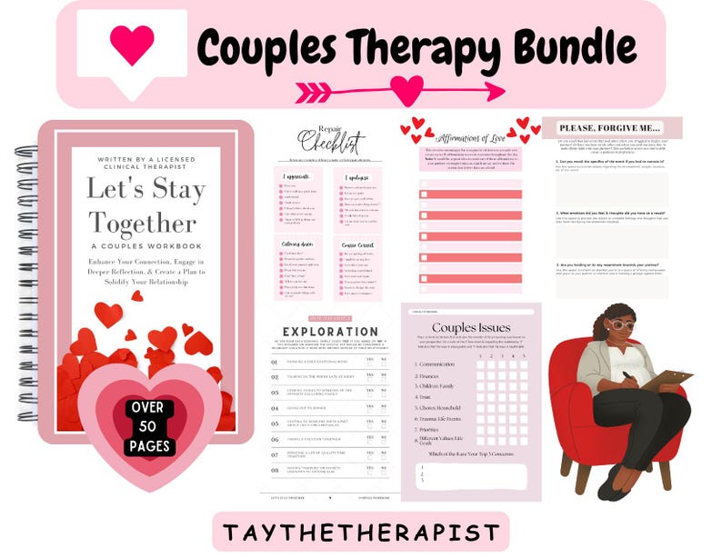 K&ouml;nnte beinhalten: Ein rosa-wei&szlig;es Paartherapie-Bundle mit dem Text "Couples Therapy Bundle". Das Bundle enth&auml;lt ein Arbeitsbuch mit dem Titel "Let's Stay Together" und mehrere Arbeitsbl&auml;tter. Das Bild zeigt auch eine Karikatur eines Therapeuten.