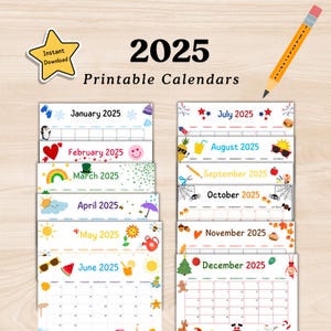 2025 Calendar Printable |  Monthly Wall Planner | Colorful Kids Calendar 2025 | Homeschool Childrens Calendars | Instant Download PDF |