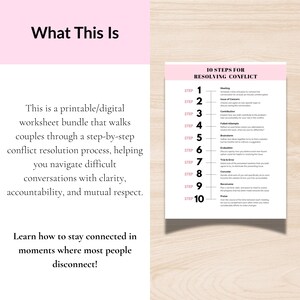 K&ouml;nnte beinhalten: Ein druckbares Arbeitsblatt-Bundle in Rosa und Wei&szlig;, das "10 Schritte zur Konfliktl&ouml;sung" beschreibt. Der Text enth&auml;lt "Was das ist" und f&uuml;hrt Paare durch die Konfliktl&ouml;sung. Es soll helfen, schwierige Gespr&auml;che zu bew&auml;ltigen.